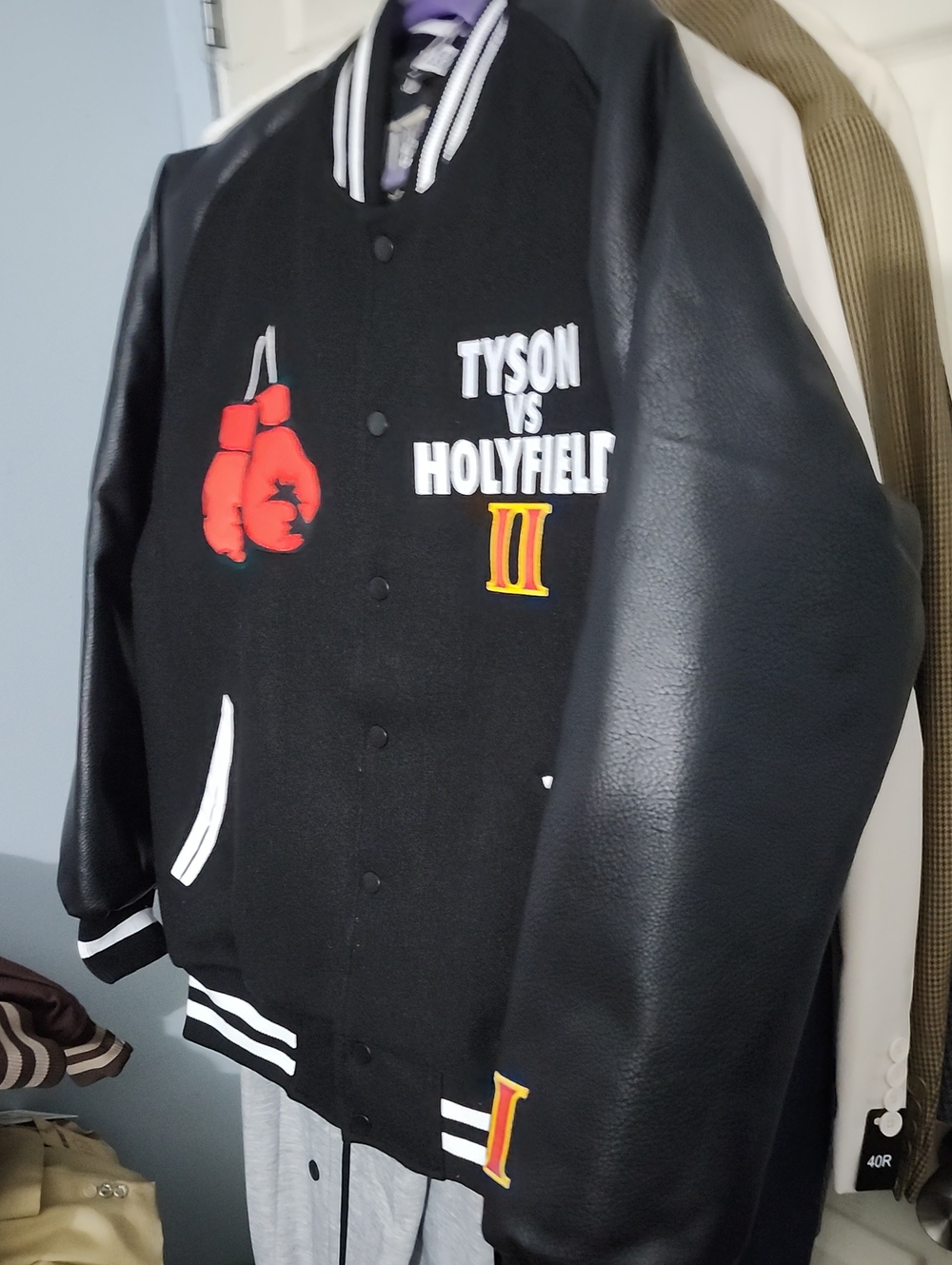 Black & White Varsity Bomber Jacket with Red Glove Patch